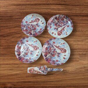 Judy‎ Buswell Winter Watch Plate Set 4 Dessert Plates & 1 Server 8" Bird Design